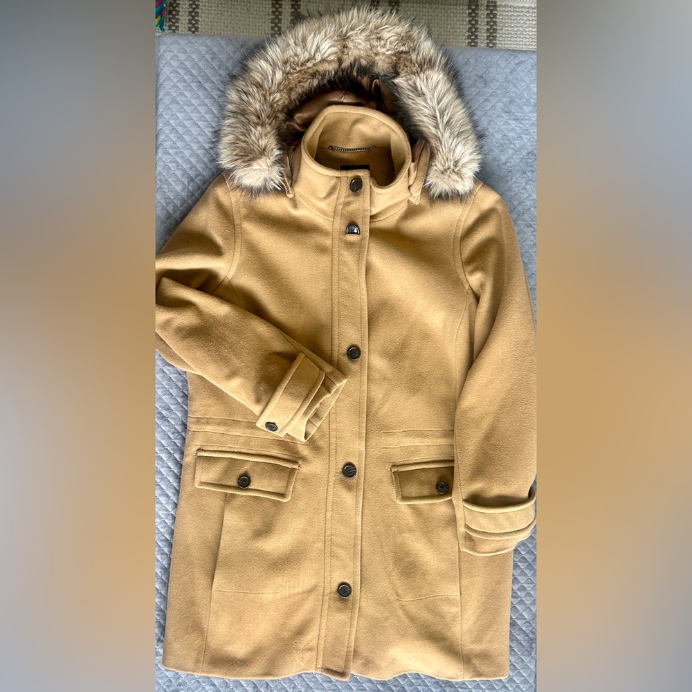 Lands’ End 22W Camel Wool Blend Hooded Coat Faux Fur Trim Plus Size